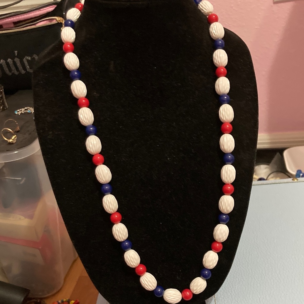 Elegant Red, Blue, and White Beaded Necklace